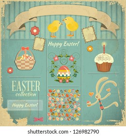 Retro Card with Easter Set. Vector Illustration.