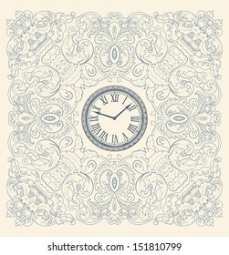 Tarjeta retro, elementos florales y reloj
