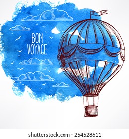 Retro card with a flying balloon on a blue watercolor background. hand-drawn illustration