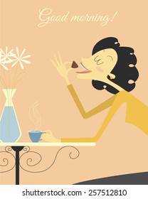 Retro card with girl in a cafe. Tea party. Breakfast.