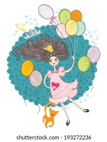 Retro card. Girl with colorful balloons. 