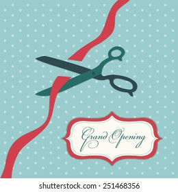 Retro card Grand Opening with primitive frame, ribbon and scissors on polka dots background