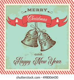 Retro card with hand-drawn bells and festive inscription.  Merry Christmas and Happy New Year. Sketch. Vintage
