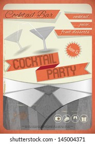 Retro card. Invitation to cocktail party in vintage grunge style. Vector illustration.