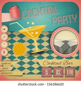 Retro card. Invitation to cocktail party in vintage style. Square format. Vector illustration.