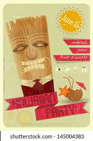 Retro Card. Invitation to Hawaiian Party, Tiki Bar. Vintage Style. Vector Illustration.