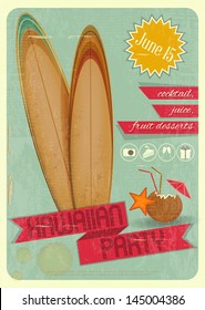 Retro Card. Invitation To Hawaiian Party For Surfers, Tiki Bar. Vintage Style. Vector Illustration.