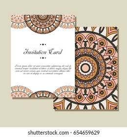 Retro card with mandala. Vintage background with place for text. Graphic template for your design. decorative ornament.