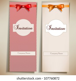 Retro card notes with ribbons. Red and beige invitations