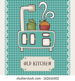 Retro card old kitchen. Vintage stove top with pots.
