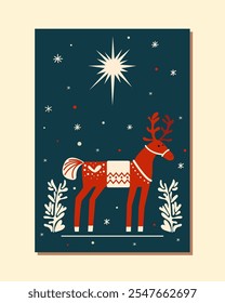 Tarjeta retro con un ciervo rojo y una gran estrella, copos de nieve. arte gráfico vintage de Vector para saludos de Navidad. Plantilla de Navidad de Vector simple para carteles, tarjetas, fondos. tarjeta de Navidad con ciervo rojo de Santa