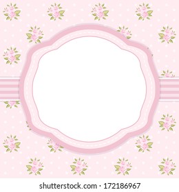 Retro card with oval frame on shabby chic background with roses for wedding, baby shower, bridal shower invitation