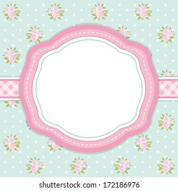 Retro card with oval frame on shabby chic background with roses for wedding, baby shower, bridal shower invitation