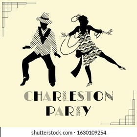 Retro card with people dancing charleston. Vintage vector invitation on old fashioned party. Silhourttes of luxurious happy couple.