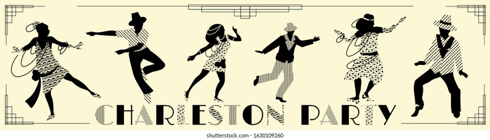 Retro card with people dancing charleston. Vintage vector invitation on old fashioned party. Cheerful ladies and men enjoy dance.