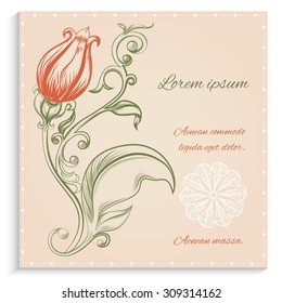 Retro card with red flowers in ornamental frame on a gentle background. Vector illustration.