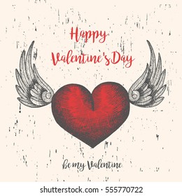 Retro card with red heart. Happy Valentine's Day. Sketch. Hand-drawn, engraving, hatching.