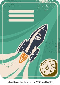 Retro card with rocket flying through Outer Space