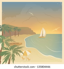Retro card with the sailboat and a beach in a beautiful bay with palm trees at sunset