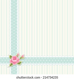 Retro card in shabby chic style with crossing fabric ribbons and rose ideal for wedding, bridal or baby shower