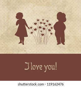 Retro card with silhouette of two cute babies on the grunge paper background