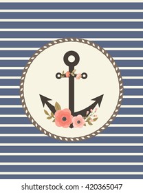 Retro card template  with floral anchor. Invitation, flyer, card or poster template. 