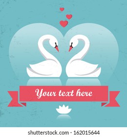 Retro card with two swans and hearts in vector