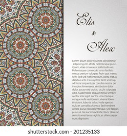 Retro card. Vector background. Card or invitation. Vintage decorative elements. Hand drawn background. Islam, Arabic, Indian, ottoman motifs.