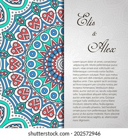 Retro card. Vector background. Card or invitation. Vintage decorative elements. Hand drawn background. Islam, Arabic, Indian, ottoman motifs.