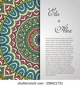 Retro card. Vector background. Card or invitation. Vintage decorative elements. Hand drawn background. Islam, Arabic, Indian, ottoman motifs.