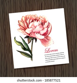 Retro card with watercolor peony.  Illustration for greeting cards, invitations, and other printing projects.