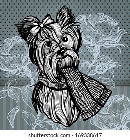 Retro card with Yorkshire Terrier. Illustration for greeting cards, invitations, and other printing and web projects.