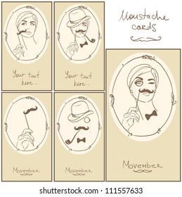 Retro cards design, Girl with fake moustache, hand drawn mustache set