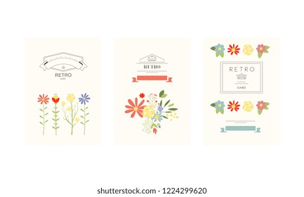 Retro cards with flowers set, design element for greeting card, romantic wedding invitation, magazine, book or poster vector Illustration on a white background