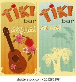 retro cards for Tiki bars, Hawaiian party, two postcards in vintage style with hand drawn text Aloha and Tiki - vector illustration