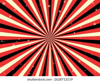 Retro carnival circus background featuring bold red and beige radial stripes with scattered stars Ideal for vintage posters event flyers party invitations circus themes and festive designs.