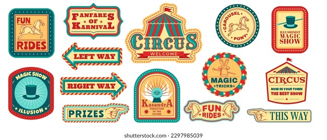 Emblemas del carnaval retro, logo del circo, logo de la feria. Banderas de espectáculos vintage divertidas, stickers de bienvenida, carteles de dirección, lazo de invitación, celebración del festival, punteros estilizados. Plantillas gráficas de vectores