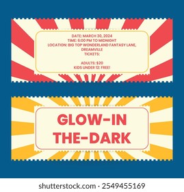 Retro Carnival Party Ticket Template with Vibrant Sunburst Background