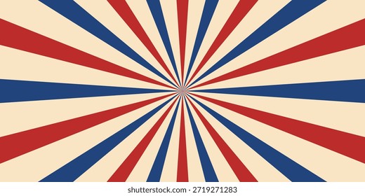 Fondo retro de rayos de sol de carnaval; Fondo temático de circo vibrante de Vector con coloridas rayas radiantes de rayos de sol en tonos azules, rojos y beige apagados para pósters de estilo Antiguas