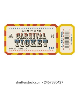 Retro carnival ticket template. Admit one. Vector illustration