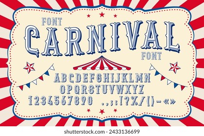 Tipo de carnaval retro o fuente de circo y tipo de letra vintage para el entretenimiento, vector alfabeto inglés. Letras tipográficas de fuentes de carnaval o circo para parque de diversiones o marquesinas y espectáculos de payasos