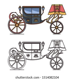 Retro carriage for wedding or isolated vintage chariot for marriage, victorian cab or waggon. landau cart for princess or infant coach transport, contour for old fairytale clarence,outline icon