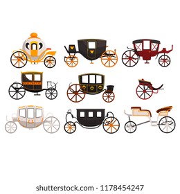 Retro carriages set, vintage transport, brougham, cab, wagon for traveling, wedding carriage vector Illustrations on a white background