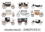 Retro carriages and wagons royal classic princess cart side view set vector flat illustration. Vintage king transportation without horses fairy tale Victorian wedding celebration old fashioned vehicle