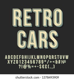 Retro cars 3d vector lettering. Vintage bold font. Pop art stylized text. Old school style letters, numbers, symbols pack. 90s poster, banner, signboard typography design. Dark grey color background