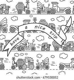 Retro cars and clouds. Seamless vector background. Linear isolated flat icons.