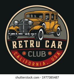 Retro cars club colorful round logotype in vintage style with classic automobile and inscriptions isolated vector illustration