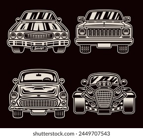 Retro cars front view vector objects on dark background