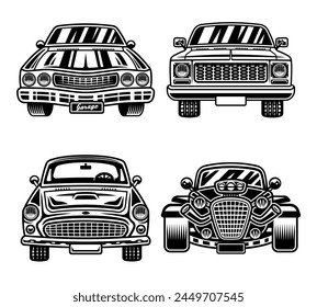 Retro coches vista frontal objetos vectoriales en estilo monocromo aislado sobre fondo blanco