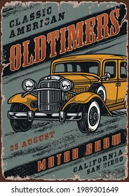 Retro cars motor show colorful poster in vintage style with letterings and classic american automobile vector illustration